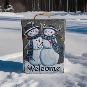 Handpainted Slate Welcome Sign With Snowmen - Picture 1 of 9