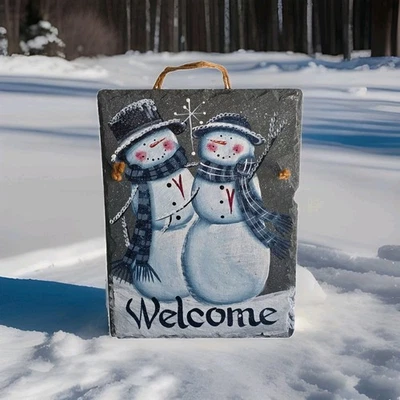 Handpainted Slate Welcome Sign With Snowmen - Image 1 of 4