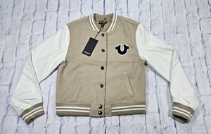 True Religion WOMENS SIZE M True Team Varsity Jacket Beige Winter White 600011 - Picture 1 of 11