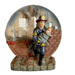Vtg Fire Fighter Saving a Child Statue Figurine 3D Resin Decorative Plaque 8" - Picture 1 of 7