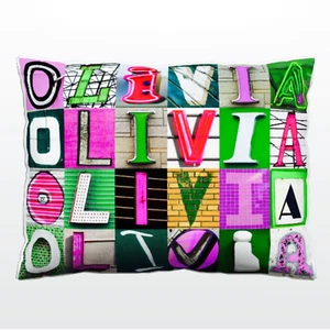 Personalisiertes Kissen mit OLIVIA auf Fotos von PINK & GRÜN Zeichenbuchstaben - Bild 1 von 1