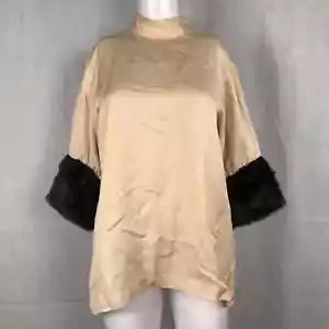 Zara Women Shirt Womens Sz XS Beige Tan Blouse Fur Cuffs Mock Neck Back Zipper - Picture 1 of 12