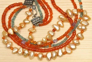 Collar/gargantilla de cuatro hilos de amatista cornalina y perlas X769A - Imagen 1 de 4
