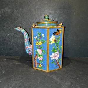 Chinesische Cloisonne Emaille Blume Vogel große blaue Teekanne ca. 8,5" Höhe antik - Bild 1 von 12