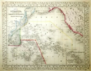 MID-19TH C ANTIQUE 1866 MAP OCEANICA ISLAND GROUPS/ASIA BY AUGUSTUS MITCHELL JR. - Picture 1 of 12