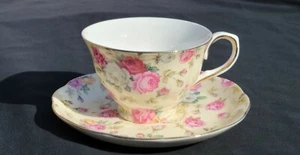 GRACIE China by Coastline Imports TEACUP & SAUCER SET Rose Chintz Gold Trim - Picture 1 of 4