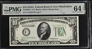 1934A $10 Federal Reserve Note Fr-2006-C Philadelphia PMG64 Choice EPQ - Picture 1 of 2