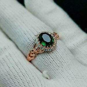 3 Ct Oval Cut Simulated Green Emerald Halo Engagement Ring 14K Rose Gold Plated