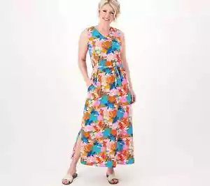 Denim & Co. Favorite Jersey V-Neck A-Line Maxi Dress-MelonOrange-Large A602898 - Picture 1 of 1