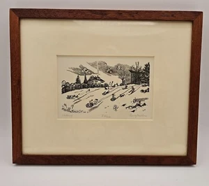 Vintage Randy Miller signiert gerahmt Original NH Holzstich "Schlittenfahren" - Bild 1 von 15