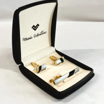 Juego de Gemelos y Barra de Corbata Mario Valentino Negro Blanco Tono Dorado con Caja Original Foto 1 de 4