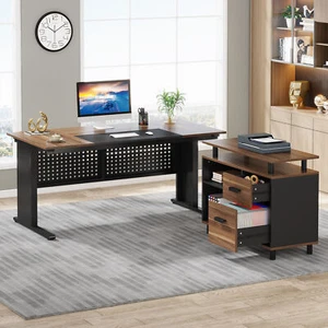 Modern Executive Desk with File Cabinet, L Shaped Office Desk w/ Storage Shelves - Picture 1 of 24