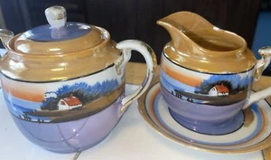 Hotta Yu Shoten & Co Vintage Zuckerschüssel/Deckel Milchkännchen/Untertasse Lusterware Lake House - Bild 1 von 18