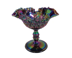 Vaso composto piedistallo in vetro artistico viola iridescente ametista alto 5 3/4" - Foto 1 di 14