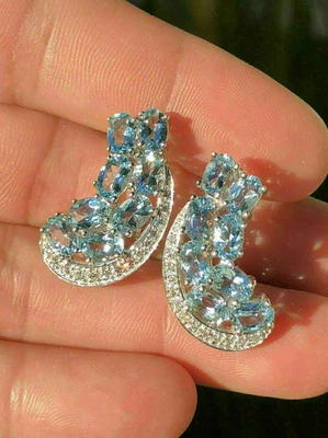 3.00 Ct Oval Cut Lab Created Aquamarine Wedding Earrings 14k White Gold Plated - Image 1 of 4