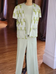 3-piece Handmade 1970s Avocado Green Polyester Pantsuit Medium - Picture 1 of 11