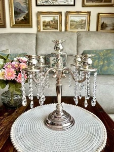 Four Arm Silver Plated Centrepiece Candelabra Candle Holder Hanging Crystals - Picture 1 of 16