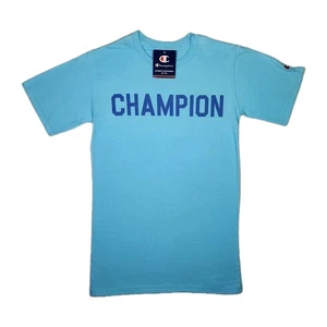 Champion Spellout Graphic Logo Shirt XS Blue Embroidered Unisex Sports Crew Tee - Picture 1 of 9