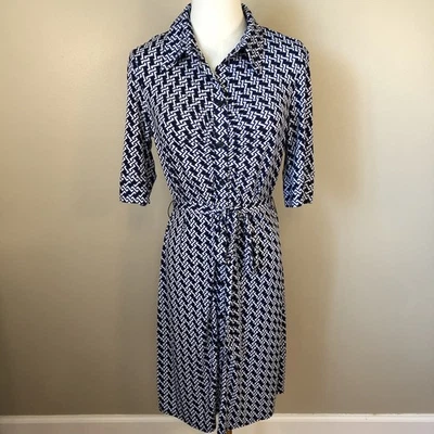 Vestido laundry by shelli segal Azul y Blanco Estampado Geométrico Botón Delantero Talla 10P Foto 1 de 4