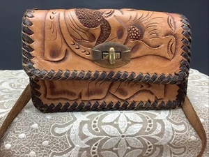 Vintage braun Leder verziert Kinder Handtasche Schultertasche geprägt Blumen Lilie - Bild 1 von 14