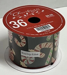 NEW roll wired edge ribbon 2.5" x 30’ candy canes black gold - Picture 1 of 3