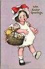 1908 Tuck's EASTER Postcard Girl Surprised by Hatching Chick in Her Egg Basket