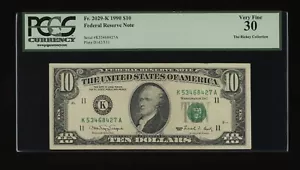 DBR 1990 $10 FRN Dallas Fr. 2029-K PCGS 30 Serial K53468427A - Picture 1 of 2
