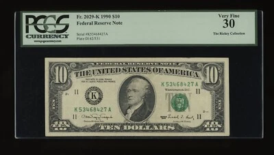 DBR 1990 $10 FRN Dallas Fr. 2029-K PCGS 30 Serial K53468427A - Image 1 of 2