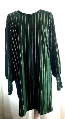 Loveriche Long Sleeve Dress Dark Green Velvet Gold Striped Small Holiday Party - Image 1 of 4