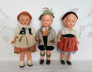 Three Vintage German Dolls ~ Costume Dolls ~ Edi & Clockwork Doll (key missing)