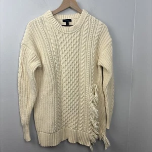 J.Crew Women’s Cable Knit Sweater with Slit and Fringe Wool Blend Cream Size S - Picture 1 of 9