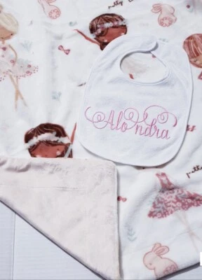 Personalized Bib & Reversible Ballerina Minky Baby Blankets 30x40 - Image 1 of 4