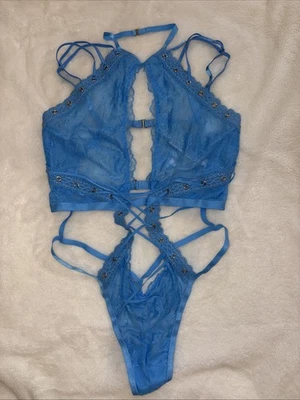 Victoria's Secret Lingerie Teddy Bodysuit Blue Lace Strappy Lace Up Grommets XL - Image 1 of 4