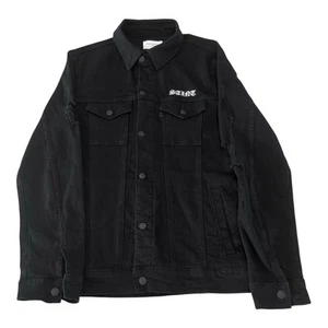 Saint Morta Mens Black Distressed Denim Jacket Size Large Embroidered Preowned - Picture 1 of 9