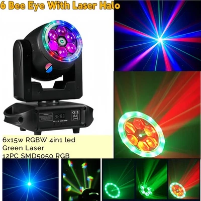 6x15W RGBW Bee eye 6+150mw Green Laser Moving head Beam DJ Disco DMX512 Lighting - Image 1 of 4
