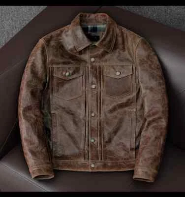 Brown Cowhide Jacket Classic Casual Vintage Leather Jacket Men Slim Genuine Coat - Image 1 of 4