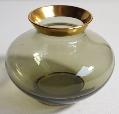 Rauchglas Vase Gold Golddekor Mundgeblasen 1960er Vintage - Bild 1 von 4