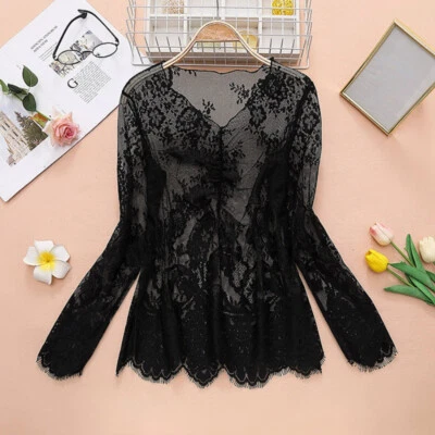 Women Elegant Floral Lace Blouse T Shirt V Neck Long Sleeve Mesh Net Tops - Image 1 of 4