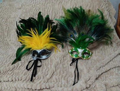 2 Party Mask Masquerade Mardi Gras  Peacock Feathers - Image 1 of 4
