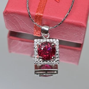 Ciondolo in argento 925 Streeling 3 ct certificato rubino e diamante quadrato pendente - Foto 1 di 6