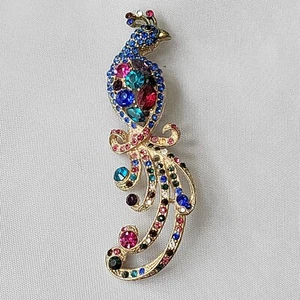 Peacock Blue Bird Brooch Pin Colorful Rhinestone Costume Jewelry Collectible - Picture 1 of 6