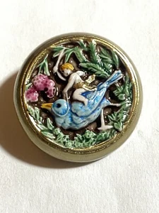 Wonderful Cherub on Bird Art Round Shank Button 1-1/8" Blue Bird - Picture 1 of 4