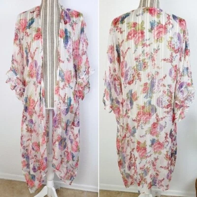 Ropa de estar Betsey Johnson estampado floral kimono transparente con volantes para nadar O/S Foto 1 de 4