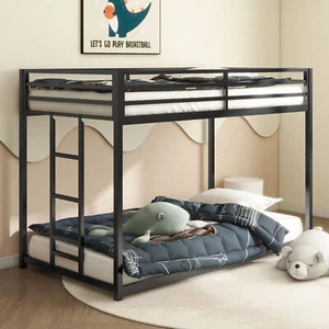 Modern Bed Metal Low Profile Twin Over Twin Bunk Bed with Ladder and Guardrails - Picture 1 of 14