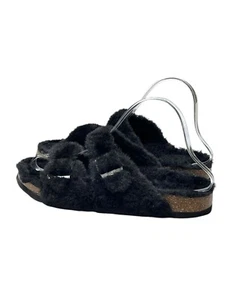 Black Faux Fur Double-Buckle Slide Sandals With Cork Sole - Womens Size 40 EU 9 - Picture 1 of 11