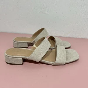 Joie Nolita Sandals 7.5 Tan & Gold Metallic Fabric Strap Slip On Low Heel - Picture 1 of 8
