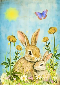 Cute Bunnies ACEO - Whimsical Artist Trading Card, Nature Flower Theme 2.5x3.5 - Picture 1 of 3