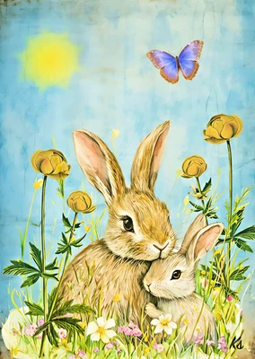 Милые кролики ACEO - причудливый художник коллекционная карта, природа цветок тема 2,5 x 3,5 - Изображение 1 из 3