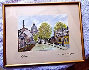 PINTURA ACUARELA ORIGINAL VINTAGE IGLESIA KATARINA DE ESTOCOLMO FJALLGATAN SUECO - Imagen 1 de 5