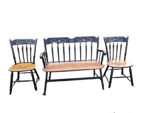 Vintage Ethan Allen Hitchcock Style Thumb Back Chairs & bench set x 3 Cover